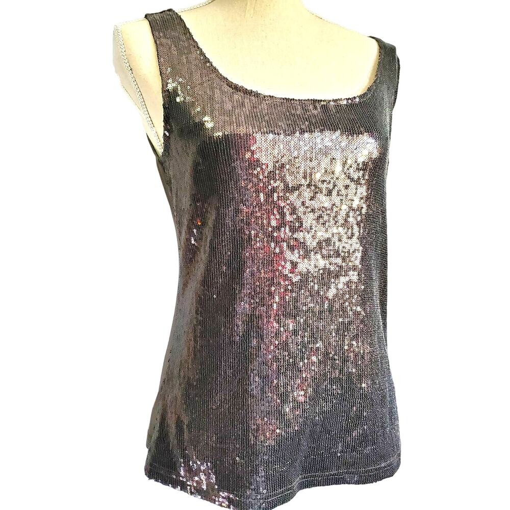 Solo Moda Sequined Tank Camisole Top Size L Charcoal Gray Sheer Back Shiny